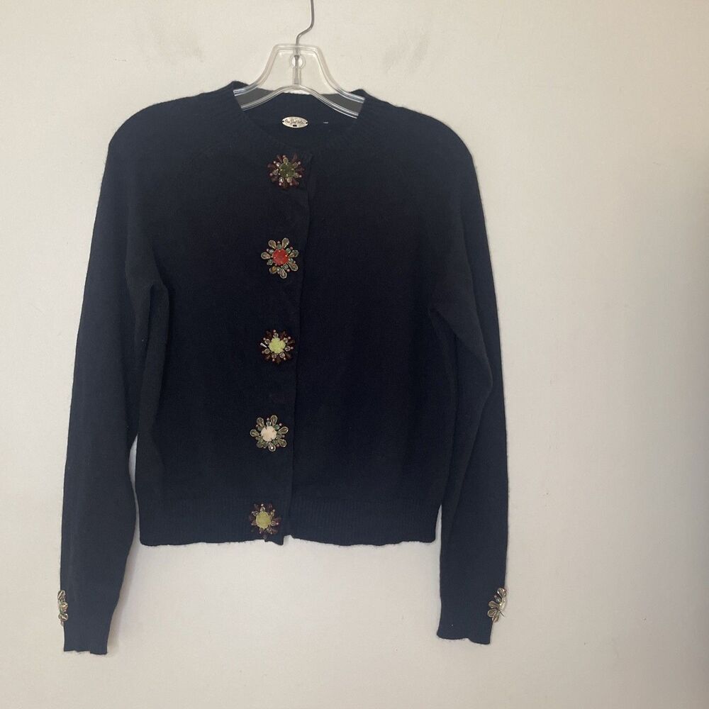 One Girl Who Cardigan Women Cotton Cashmere Beaded Floral Jeweled Sweater S